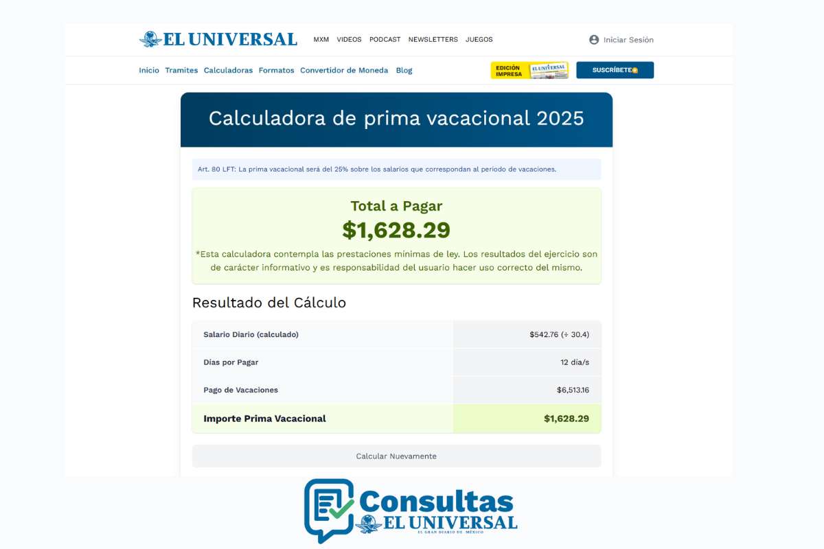Calcadora de prima vacacional